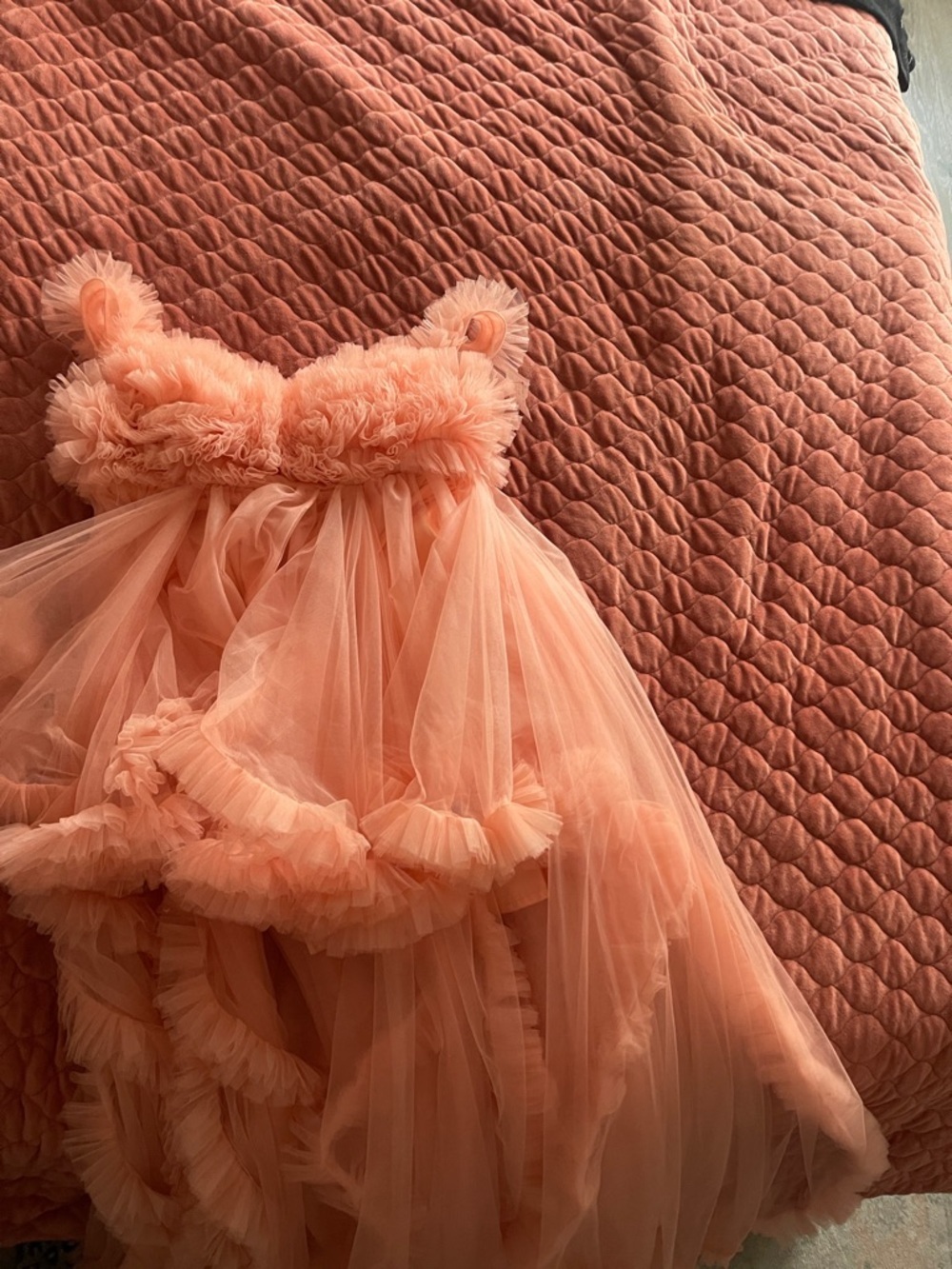 Peach Tulle Maternity Gown S /M Baby Shower Photoshoot Dress Ruffle Lace Up Back - Picture 6 of 10